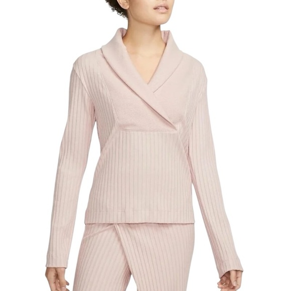 Nike Tops - Nike Yoga Ribbed Wrap Collar Pullover Pink Long Sleeve Lounge Top Women M
